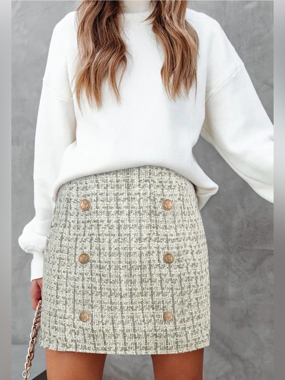 Tweed Bouclé Mini Skirt Gold Button Detail Grey Cream Size XL